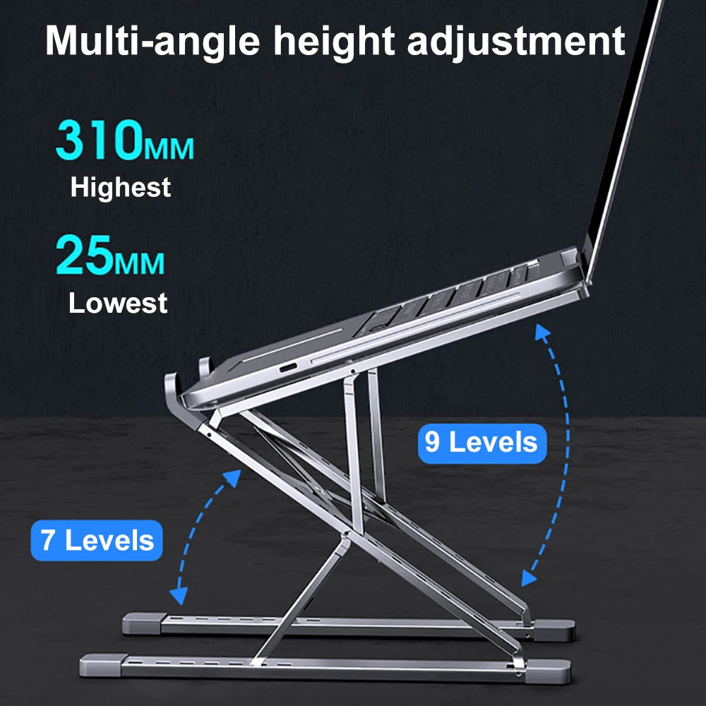 Premium Aluminum Laptop Stand - Adjustable Height Foldable Riser for MacBook Air/Pro with Ventilated Cooling Design