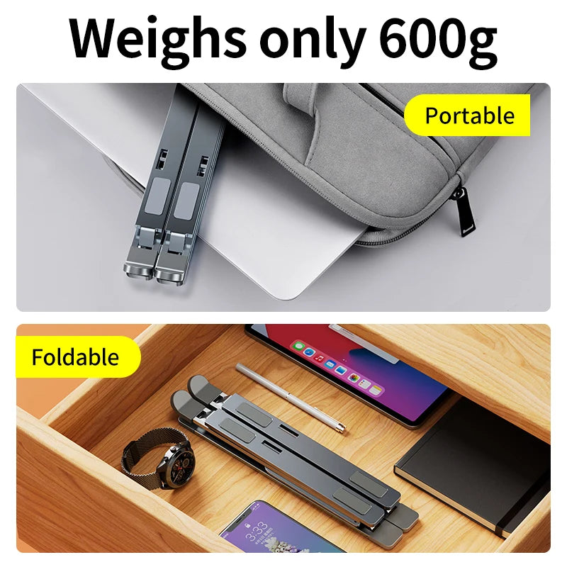 Premium Aluminum Laptop Stand - Adjustable Height Foldable Riser for MacBook Air/Pro with Ventilated Cooling Design